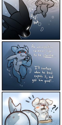 anthro big_butt blue_body blue_scales blush bubble butt emanata grin huge_butt humor inflatable inner_tube interrobang male markings mooning nude scales sea shota smile spots surprised swimming text underwater water wet young young_anthro bitfly karky aquatic canid canine canis domestic_dog fish mammal shark 2018 comic digital_media_(artwork) english_text hi_res signature