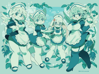 :o anthro bandage_on_leg big_breasts bow_ribbon breasts clipboard clothing eyelashes eyewear facial_piercing feathered_wings feathers female first_aid_kit flower footprint footwear garter_straps glasses group hat headgear headwear high_heels holding_object leaf legwear maid_uniform markings medical_instrument medicine mole_(marking) mole_under_mouth nose_piercing nose_ring nurse_clothing nurse_hat nurse_headwear open_mouth pawprint piercing plant red_cross ring_piercing round_glasses scientific_instrument shoes sky star stockings syringe uniform vines wings sanjiro canid canine canis domestic_cat domestic_dog felid feline felis lagomorph leporid mammal rabbit 2022 4:3 dated hi_res