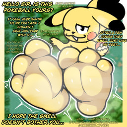 3_toes bodily_fluids feet female feral foot_fetish foot_focus forest forest_background fur musk musky_feet nature nature_background plant pokeball smelly smelly_feet soles solo sweat sweaty_feet teasing teasing_viewer teasing_with_feet text toes tree yellow_body yellow_fur alexdrawsfeetish nintendo pokemon generation_1_pokemon pikachu pokemon_(species) 1:1 english_text hi_res