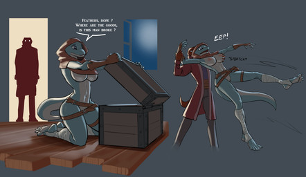 anthro areola biped blue_body breasts clothed clothing dialogue doorway duo feet female genitals mostly_nude multicolored_body nipples tail text toes vulva white_body joeyjazz kahalene reptile scalie snake english_text hi_res