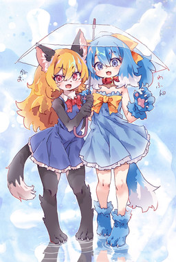 anthro blush clothed clothing duo female female/female fur hair open_mouth pawpads paws simple_background smile tail topwear kolshica human mammal digital_media_(artwork) hi_res