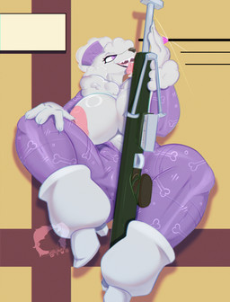anthro big_breasts boots bow_ribbon breasts camel_toe clothed clothing female fluffy footwear fur_boots genital_outline gun high_heeled_boots high_heels jumpsuit nipples open_clothing open_jumpsuit open_topwear partially_clothed ranged_weapon rifle ring_(jewelry) shoes solo spread_legs spreading thick_thighs tight_clothing tongue tongue_out topwear vulva_outline weapon kaliburr_advanced epic_games fortnite lady_poodlina canid canine canis domestic_dog mammal poodle hi_res