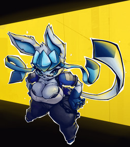 4_fingers anthro big_breasts blue_body blue_clothing blue_eyes bottomwear bra breasts chain clothing denim denim_bottomwear denim_clothing ears_up eyelashes eyewear female fingers glasses high-angle_view jacket jeans looking_at_viewer multicolored_body pants shortstack simple_background solo sunglasses tail thick_thighs topwear underwear z_dragon nintendo pokemon eeveelution generation_4_pokemon glaceon pokemon_(species) shiny_pokemon hi_res
