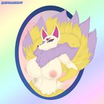 9_tails anthro big_breasts black_sclera breasts female fur multi_tail nipples purple_body purple_fur solo studio_natsune tail white_body white_fur yellow_body yellow_fur yllow_eyes keptpack769 asian_mythology bandai_namco east_asian_mythology japanese_mythology level-5 mythology yo-kai_watch kyubi_(yo-kai_watch) canid mammal yokai absurd_res hi_res