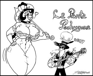areola areola_slip big_breasts breasts female humor male musical_instrument non-mammal_breasts playing_music plucked_string_instrument seductive stare string_instrument wide_hips skianous la_pavita_pechugona pavita_pechugona avian bird galliform phasianid turkey hi_res monochrome