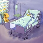 animal_skin anthro bed claws duo fur furniture green_eyes horn hospital hospital_bed humor iv_bag male red_eyes sitting striped_body striped_fur stripes yellow_body lego_tepi bandai_namco digimon agumon digimon_(species) gabumon scalie 1:1 hi_res