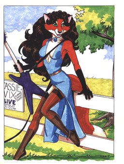 anklet anthro belt blue_clothing blue_dress brown_hair choker clothed clothing dipstick_tail dress electric_guitar female garter_straps gloves_(marking) green_eyes guitar hair inner_boob jewelry leg_markings legwear long_hair markings multicolored_tail musical_instrument necklace outside plucked_string_instrument pose sky slit_dress socks_(marking) solo stockings string_instrument tail tail_markings translucent translucent_clothing translucent_legwear translucent_stockings terrie_smith dean_ml cassie_the_rock_vixen canid canine fox mammal 2001 absurd_res hi_res pinup signature traditional_media_(artwork)