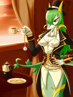 anthro anthrofied beverage biped breasts classy cleavage clock clothed clothing coffee container cup female food green_hair hair hat headgear headwear holding_container holding_cup holding_object non-mammal_breasts pokemorph red_eyes serpentine solo standing top_hat skykain nintendo pokemon seraphine_(skykain) generation_5_pokemon pokemon_(species) reptile scalie serperior hi_res