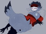 anthro avian_feet bed big_butt blindfold blush bottomless bottomless_anthro bottomless_male butt chest_tuft clothed clothing coat coat_only dialogue eyes_closed feathers furniture grey_background grey_body grey_feathers lying male on_bed on_side open_mouth pillow red_clothing red_coat red_topwear simple_background solo tail tail_feathers text thick_thighs tired topwear topwear_only tuft zombvie00 helluva_boss stolas_(helluva_boss) avian bird demon owl owl_demon 2024 english_description english_text hi_res