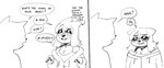 2_panel_comic anthro awkward awkward_smile chest_tuft choker clothing dialogue duo eyewear female glasses hair hoodie jewelry necklace question_mark short_hair speech_bubble tired tired_expression tired_eyes tired_look topwear tuft anaugi nuggy_(anaugi) badger mammal mustelid musteline 2023 comic monochrome trans_(lore) trans_woman_(lore)