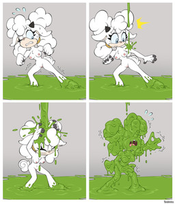 anthro areola blue_eyes bodily_fluids breasts chest_tuft clenched_teeth emanata eyelashes eyes_closed female flying_sweatdrops genitals green_slime horn innie_vulva messy nipples nude one_eye_closed open_mouth slime solo sticky stuck sweat sweatdrop teeth tuft vulva wam white_body wince qajarito idw_publishing sega sonic_the_hedgehog_(comics) sonic_the_hedgehog_(idw) sonic_the_hedgehog_(series) lanolin_the_sheep_(sonic) bovid caprine mammal sheep 2026 comic hi_res