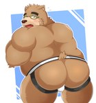 anthro belly blush brown_body brown_fur brown_nose bulge butt clothing eyewear fur glasses jockstrap kemono male overweight overweight_male simple_background solo underwear nisikemo lifewonders tokyo_afterschool_summoners volos_(tas) bear mammal 2021 absurd_res hi_res