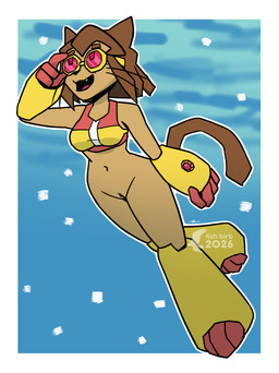 anthro armor bikini bikini_top bottomless bottomless_female brown_body brown_fur brown_tail clothed clothing eyewear female fur gauntlets genitals gloves goggles handwear logo navel solo swimming swimming_goggles swimwear tail text two-piece_swimsuit underwater vulva water fish_birb gameoverse glitch_productions kit_bodega domestic_cat felid feline felis mammal absurd_res artist_logo artist_name hi_res watermark