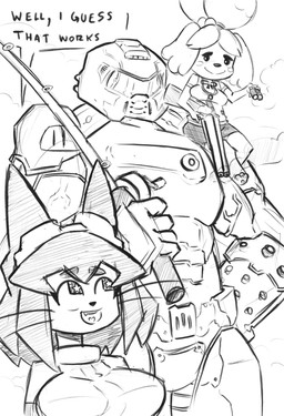 anthro armor blush blush_stickers breasts clothed clothing dialogue eyewear eyewear_on_head female fishing_rod fur goggles goggles_on_head group gun hand_on_hip happy headgear helmet holding_fishing_rod holding_gun holding_object holding_ranged_weapon holding_weapon larger_male machine male open_mouth power_armor ranged_weapon shell_(projectile) shotgun shotgun_shell size_difference smile starry_eyes text trio weapon snoutless animal_crossing doom_(series) gameoverse glitch_productions id_software microsoft nintendo doom_slayer isabelle_(animal_crossing) kit_bodega canid canine canis domestic_cat domestic_dog felid feline felis human mammal shih_tzu toy_dog absurd_res digital_drawing_(artwork) digital_media_(artwork) english_text hi_res monochrome