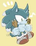 anthro blue_body blue_fur clothing eating fangs food footwear fur green_eyes holding_food holding_object kebab male meat musical_note musical_symbol shoes simple_background solo symbol tail tail_motion tailwag teeth white_body white_fur yellow_background sikai sega sonic_the_hedgehog_(series) sonic_unleashed sonic_the_hedgehog sonic_the_werehog eulipotyphlan mammal werecreature wereeulipotyphlan werehog