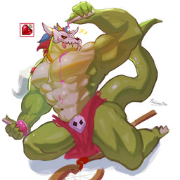5_fingers anthro bone bone_mask bottomwear claws clothing fingers humanoid_hands loincloth male mask muscular muscular_anthro muscular_male muscular_thighs skull skull_mask solo text thinlovestea terraria witch_doctor_(terraria) scalie 1:1 absurd_res artist_name hi_res signature