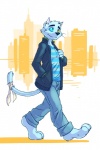 anthro barefoot biped black_nose blue_body blue_fur bottomwear city cityscape clothed clothing coat feet fur heterochromia male pants shirt solo topwear walking seaside_(artist) domestic_cat felid feline felis mammal