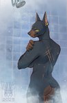 anthro bathing black_body black_fur breasts butt claws ear_piercing female fur inside looking_back notched_ear nude piercing rear_view scar scut_tail short_tail shower showering smile solo standing steam tail water yellow_eyes pixelflare canid canine canis dobermann domestic_dog mammal pinscher hi_res