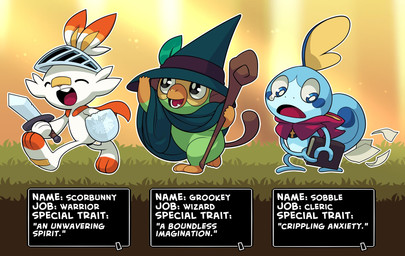 ambiguous_gender bodily_fluids feral group happy humor magic_user melee_weapon open_mouth semi-anthro shield starter_trio sword tears text weapon whatahero nintendo pokemon generation_8_pokemon grookey lagomorph mammal pokemon_(species) primate reptile scalie scorbunny sobble 2019 english_text hi_res