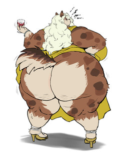 5_fingers anthro big_breasts big_butt breasts brown_body brown_fur butt cellulite clothing container cup drinking_glass exposed_butt eyelashes eyeshadow female fingers footwear fur glass glass_container glass_cup hair high_heels holding_container holding_cup holding_drinking_glass holding_object holding_wine_glass huge_butt lips long_hair looking_back makeup markings motion_lines obese obese_anthro obese_female overweight overweight_anthro overweight_female shoes simple_background solo spots spotted_body spotted_fur standing tail white_background white_body white_fur white_hair wine_glass fapolantern mammal hi_res