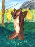 anthro biped blue_sky brown_hair eyes_closed hair kneeling male mountain nude plant sky solo tree miysis deer mammal 2003 traditional_media_(artwork)