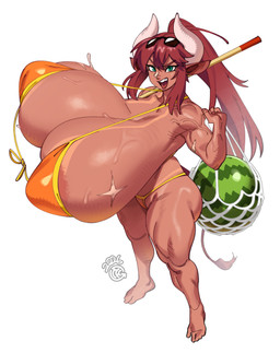 big_breasts bikini biped bodily_fluids breasts brown_hair clothed clothing eyewear feet female food fruit hair huge_breasts hyper hyper_breasts looking_at_viewer melon open_mouth plant ponytail solo sunglasses sweat sweaty_breasts swimwear tail tan_body thick_thighs two-piece_swimsuit watermelon thehelmetguy aeryn_(thehelmetguy) animal_humanoid bovid bovid_humanoid bovine bovine_humanoid cattle_humanoid humanoid mammal mammal_humanoid 2026 absurd_res dated hi_res