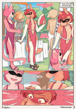 anthro beverage blush blush_lines bulge clothed clothing crowd dialogue dress freckled_ears freckled_face freckled_hips freckled_shoulders freckles grass group gynomorph intersex outside party piercing plant public skimpy sunny tail text tree conditional_dnp djannetur funkybun equid equine horse mammal comic english_text hi_res trans_(lore) trans_woman_(lore)
