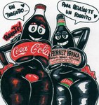 alcohol beverage big_breasts breasts butt cola container_on_head duo female fernet for_a_head hand_on_hip heart_symbol low-angle_view not_furry side_boob soda soda_bottle text thick_thighs what parasitedeath coca-cola beverage_humanoid humanoid spanish_text traditional_media_(artwork) translated