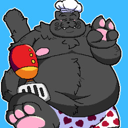 3_toes 4_fingers anthro belly big_belly biped black_body black_fur black_nose blue_background chef chef_hat clothing cute_fangs fangs feet fingers fur hat headgear headwear male moobs navel nipples overweight overweight_male paws simple_background solo spatula standing teeth toes tools underwear bearffet gameoverse glitch_productions orph_(gameoverse) domestic_cat felid feline felis mammal 1:1 2026 hi_res