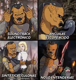 blonde_hair duo fangs female fire hair lips machine male male/female melee_weapon sword teeth text weapon jeszirp predator:_badlands predator_(franchise) dek_(predator) thia_(predator) alien android humanoid robot robot_humanoid yautja hi_res meme spanish_text translated
