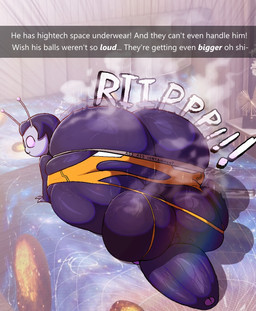 :3 antennae_(anatomy) backsack balls barely_contained barely_contained_balls barely_contained_penis bedroom_eyes big_balls big_butt big_penis black_body black_hair bodily_fluids bottomwear butt butt_from_the_front butt_jiggle caption churning_balls clothing foreskin genitals grey_body grey_skin hair huge_balls huge_butt huge_penis huge_thighs hyper hyper_balls hyper_genitalia hyper_penis jiggling looking_back male motion_blur motion_lines narrowed_eyes no_pupils pants penis presenting presenting_hindquarters purple_body purple_eyes rear_view seductive small_but_hung solo sweat sweaty_butt text thick_thighs torn_bottomwear torn_clothing torn_pants senordraws alien english_text hi_res