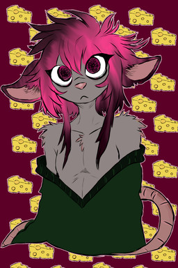 anthro cheese clothing dairy_products femboy food fur grey_body grey_fur hair looking_at_viewer male mouse_tail purple_eyes purple_hair solo sweater tail topwear roli_poli mammal mouse murid murine rodent 2:3 hi_res