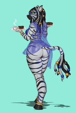 anthro blue_background butt cake clothing coffee_mug dessert dreadlocks dreadlocks_tail ear_piercing ear_ring female food fur hair humanoid_hands lying on_back piercing rear_view ring_piercing simple_background solo stripes swimwear translucent translucent_clothing white_body white_fur magna_nsfw equid equine mammal zebra absurd_res hi_res