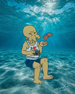 anthro barefoot blue_bottomwear blue_clothing blue_eyes blue_shorts bottomwear bubble camera circle_eyebrows clothing eyebrows eyes_closed face_tentacles feet feral floating heart_symbol holding_camera holding_object holding_seashell horizontal_pupils humanoid_feet male photo_background plantigrade pupils seashell shell shirt shorts slim_male solo tank_top tentacles text text_on_clothing text_on_shirt text_on_tank_top text_on_topwear topwear underwater water white_clothing white_shirt white_tank_top white_topwear yellow_body bartek22 evil_ass_octopus_(azimuthium) aquatic cephalopod coleoid cuttlefish decapodiform mollusk 2026 hi_res mixed_media photography_(artwork)