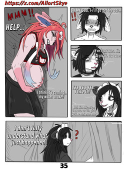 anthro black_eyes black_nose clothing dialogue duo female fur grey_body grey_fur hair maid_uniform male pink_body pink_fur pink_hair pink_nose pregnant pregnant_anthro pregnant_female simple_background text uniform white_body white_fur allartskye nintendo pokemon evelyne_(allartskye) kia_(allartskye) skye_(allartskye) sylvie_(allartskye) american_opossum canid canine canis domestic_cat eeveelution felid feline felis generation_6_pokemon mammal marsupial pokemon_(species) sylveon wolf comic hi_res url