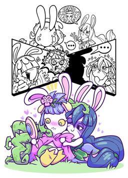 :3 anthro arms_bent bangs black_eyes black_mouth blue_hair blush blush_lines bodypaint bottomwear closed_frown clothed clothed_anthro clothed_female clothing dress duo ellipsis eyelashes face_paint female female/female female_anthro flat_chested flower footwear forked_tongue frown frowning_at_partner fully_clothed fully_clothed_anthro fully_clothed_female fur furrowed_eyebrows grass green_bottomwear green_clothing green_dress green_eyes green_hairband green_skirt hair hair_over_eyes happy hat headgear headwear heart_symbol hearts_around_head holding_arm holding_flower holding_mirror holding_object leaf_dress light long_ears looking_at_another looking_at_mirror looking_at_object looking_at_partner love mirror mitten_hands mouth_closed noseless open_mouth open_smile pink_inner_ear plant purple_clothing purple_shirt purple_topwear shirt shoes simple_background sitting sitting_on_ground skirt smile sparkles sparkling_eyes speech_bubble text tongue topwear vines white_background white_body white_fur yellow_clothing yellow_footwear yellow_sclera yellow_shoes raygirl mario_bros mario_plus_rabbids_sparks_of_hope nintendo raving_rabbids rayman_(series) ubisoft allegra_(mario_plus_rabbids) daphne_(mario_plus_rabbids) spark_hunter elemental_creature flora_fauna hybrid lagomorph mammal rabbid 2025 colored crossover digital_drawing_(artwork) digital_media_(artwork) english_description english_text hi_res lighting multiple_scenes shaded