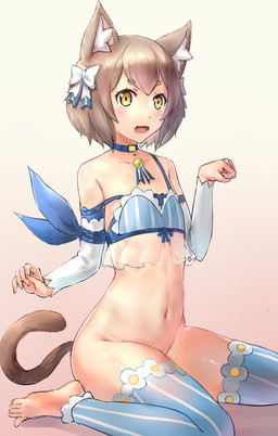 accessory amber_eyes armwear barefoot blush bottomless bow_(feature) bow_accessory bow_ribbon brown_hair clothed clothing collar crossdressing feet femboy flat_chested hair hair_accessory hair_bow hair_ribbon legwear light_body light_skin male navel pattern_clothing pattern_legwear pattern_topwear pose ribbons short_hair simple_background smile solo striped_clothing striped_legwear striped_topwear stripes tail thigh_highs topwear ttc re:zero ferris_argyle animal_humanoid cat_humanoid felid felid_humanoid feline feline_humanoid humanoid mammal mammal_humanoid digital_media_(artwork) hi_res male_(lore)