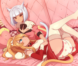 amber_eyes blonde_hair blue_eyes breasts butt clean_diaper cleavage clothed clothing diaper duo ear_piercing facial_markings female hair head_markings heart_symbol legwear long_hair lying markings on_back piercing pupils short_hair slit_pupils smile wearing_diaper white_hair merunyaa final_fantasy final_fantasy_xiv square_enix animal_humanoid cat_humanoid felid felid_humanoid feline feline_humanoid humanoid mammal mammal_humanoid miqo'te 2019 digital_media_(artwork) hi_res