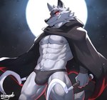 anthro bulge cloak clothing dual_wielding grin holding_object holding_weapon male moon muscular muscular_anthro muscular_male night nipples red_eyes sickle smile solo speedo swimwear teeth underwear weapon kamyuelo dreamworks puss_in_boots_(dreamworks) death_(puss_in_boots) canid canine canis mammal wolf 2023 digital_media_(artwork)