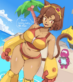 ambiguous_anthro ambiguous_gender anthro beach big_breasts bikini biped breasts brown_hair clothing cute_fangs dialogue duo eyebrows eyelashes eyewear eyewear_on_head fangs female female_anthro female_focus goggles goggles_on_head hair open_mouth open_smile outside red_eyes smile solo_focus standing swimwear tan_body teeth thick_thighs two-piece_swimsuit whiskers wide_hips yellow_sclera rgsp00n gameoverse glitch_productions gobbles_(gameoverse) kit_bodega dinosaur domestic_cat felid feline felis mammal prehistoric_species reptile scalie 2026 hi_res male_(lore)