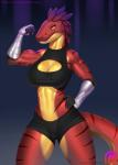 abs anthro bandage bottomwear breasts cleavage clothed clothing feathers female flexing muscular muscular_anthro muscular_female non-mammal_breasts patreon_logo shirt shorts solo stripes text topwear doomthewolf patreon lenalia dinosaur dromaeosaurid feathered_dinosaur feathered_scalie prehistoric_species reptile scalie theropod utahraptor 2017 url