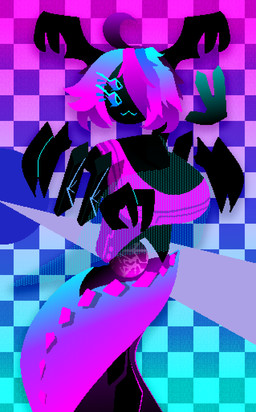 3_fingers :3 amorphous armless bioluminescence black_body black_skin blue_hair breasts checkered checkered_background claws clothing eyelashes female fingers floating floating_hands floating_head gesture glowing hair horn legless machine multi_eye orb pattern_background purple_hair serpentine simple_background solo spikes translucent translucent_clothing waving forsetcabiri corru.observer fan_character alien android humanoid obesk robot hi_res