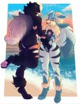 anthro beach black_body black_fur blue_body blue_fur breasts butt digitigrade duo eyes_closed female female/female fluffy fluffy_tail fur genitals hand_holding happy neck_tuft nipples nude on_one_leg outside pawpads pussy romantic romantic_couple sea seaside smile standing stripes sunset tail tuft water astridmeowstic nintendo pokemon arcanine canid eeveelution generation_1_pokemon generation_4_pokemon glaceon mammal pokemon_(species) hi_res