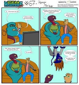 anthro bedding blanket bottomwear claws clothing cochlear_implant_processor controller deaf denim denim_bottomwear denim_clothing dialogue electronics female furniture hanging_from_ceiling jacket jeans male pants remote_control shirt sofa television text topwear baristagamerproductions ada_(gem_hunters) alfonso_(gem_hunters) phoebe_(gem_hunters) canid canine canis dingo felid feline mammal reptile scalie snake absurd_res comic english_text hi_res
