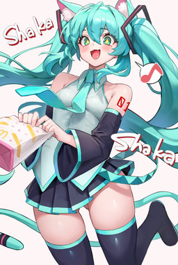 accessory animal_ears arms_bent bare_shoulders bare_thighs bent_leg black_bottomwear black_clothing black_legwear black_pantyhose black_skirt blue_hair blush bottomwear breasts clothing collared_shirt cute_fangs dress_shirt fangs female female_humanoid fluffy_ears glistening glistening_hair green_eyes hair hair_between_eyes happy human_and_animal_ears humanoidized legwear long_hair multi_ear musical_note musical_symbol necktie open_mouth pantyhose pigtails plastic_bag shirt simple_background skirt sleeveless_shirt small_breasts solo sparkles sparkling_eyes speech_bubble symbol tail teeth text topwear white_background hakusyokuto mcdonald's vocaloid yamaha_corporation hatsune_miku animal_humanoid cat_humanoid felid felid_humanoid feline feline_humanoid humanoid mammal mammal_humanoid absurd_res hi_res