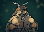4_fingers anthro antlers areola arm_tuft belt big_areola big_breasts biped breast_play breasts brown_body brown_fur brown_hair clothing countershade_face countershade_fur countershading dewlap_(anatomy) disembodied_penis erection eyes_closed female fingers fur genitals green_background green_clothing green_robe hair holding_breast horn huge_areola huge_breasts inverted_nipples jewelry male mature_anthro mature_female necklace nipples penis robe rope rope_belt sex short_hair shoulder_tuft simple_background smile solo tan_body tan_fur titfuck tuft hattiestgal hinoki_(naycelium) jackalope lagomorph mammal 2025 signature