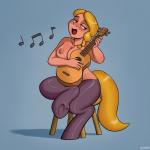 blonde_hair blush breasts female hair hooves lute musical_instrument nipples plucked_string_instrument solo string_instrument ukulele dotoro_(artist) equid equine horse humanoid mammal pony 1:1