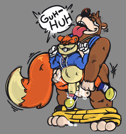 anal anal_orgasm anal_penetration anthro anthro_on_anthro anthro_penetrated anthro_penetrating anthro_penetrating_anthro backpack ball_size_difference balls bareback barefoot belly big_belly bodily_fluids bottomless bottomless_anthro bottomless_male bottomwear bottomwear_down buckteeth carrying_another clothed clothing cum cum_in_ass cum_inflation cum_inside cum_while_penetrated dialogue dominant duo ejaculation erection eyes_closed feet footwear foreskin from_behind_position fur genital_fluids genitals grey_background hands-free hoodie humanoid_genitalia humanoid_penis inflation jewelry larger_dom looking_pleasured male male/male male_penetrated male_penetrating male_penetrating_male motion_lines narrowed_eyes necklace open_mouth open_smile orgasm partially_clothed penetration penile penile_penetration penis penis_in_ass reverse_stand_and_carry_position sex shoes shorts shorts_down simple_background simultaneous_orgasms size_difference smaller_penetrated smile standing standing_sex teeth text toes tongue tongue_out topless topless_anthro topless_male topwear tuft fatzoimp banjo-kazooie conker's_bad_fur_day rareware banjo_(banjo-kazooie) conker bear mammal rodent sciurid tree_squirrel 2022 crossover english_text full-length_portrait hi_res portrait