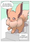 ambiguous_gender big_ears border brown_body brown_ears brown_fur brown_tail eevee english_text feral fur generation_1_pokemon hi_res nintendo okazu open_mouth pokemon pokemon_(species) simple_background small_nose solo speech_bubble tail text white_border