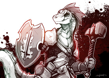 abstract_background ambiguous_gender anthro armor clothed clothing female grin hammer holding_object holding_weapon melee_weapon missing_eye pauldron shield simple_background smile solo spines tools warhammer weapon conditional_dnp tom_fischbach dungeons_and_dragons hasbro wizards_of_the_coast lizard lizardman reptile scalie adobe_photoshop_(artwork) digital_media_(artwork) monochrome sketch spot_color